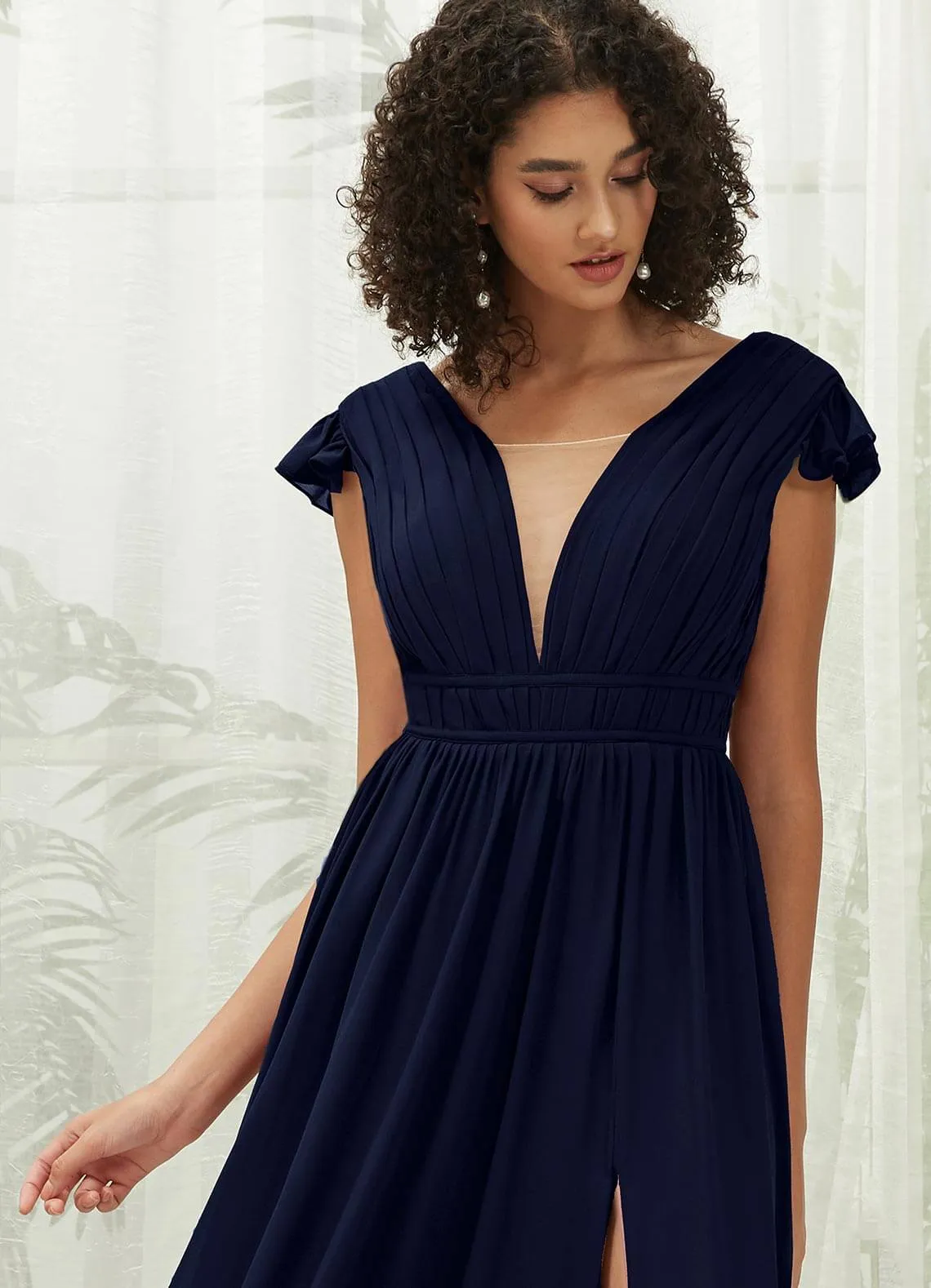 Dark Navy Cap Sleeves Pleated V-Neck Chiffon Maxi Bridesmaid Dress