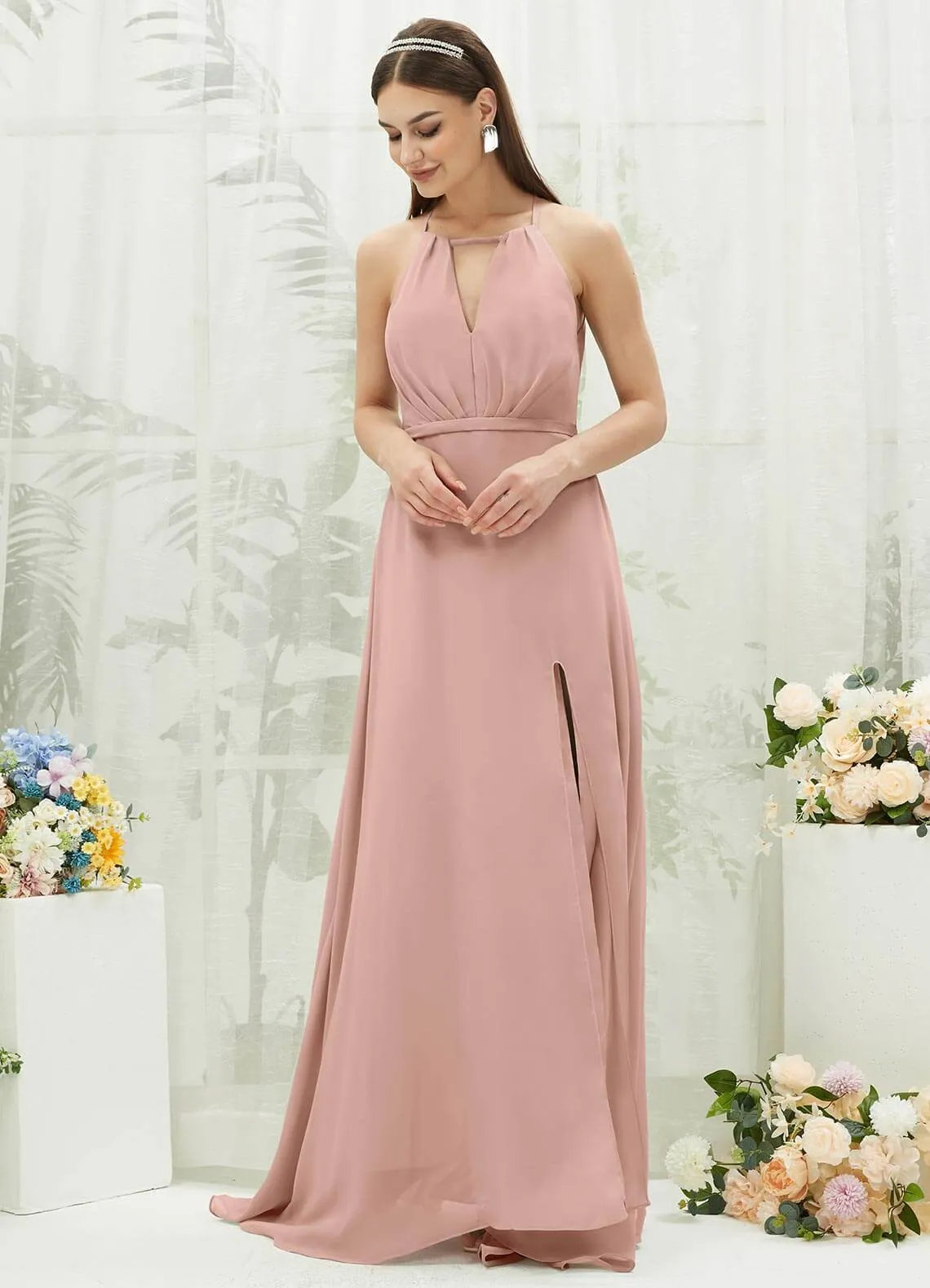 Dusty Pink Chiffon Halter V-Neck Slit  Backless Maxi Bridesmaid Dress