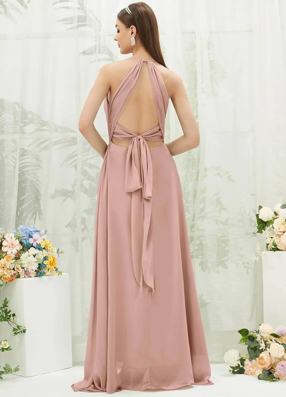 Dusty Pink Chiffon Halter V-Neck Slit  Backless Maxi Bridesmaid Dress