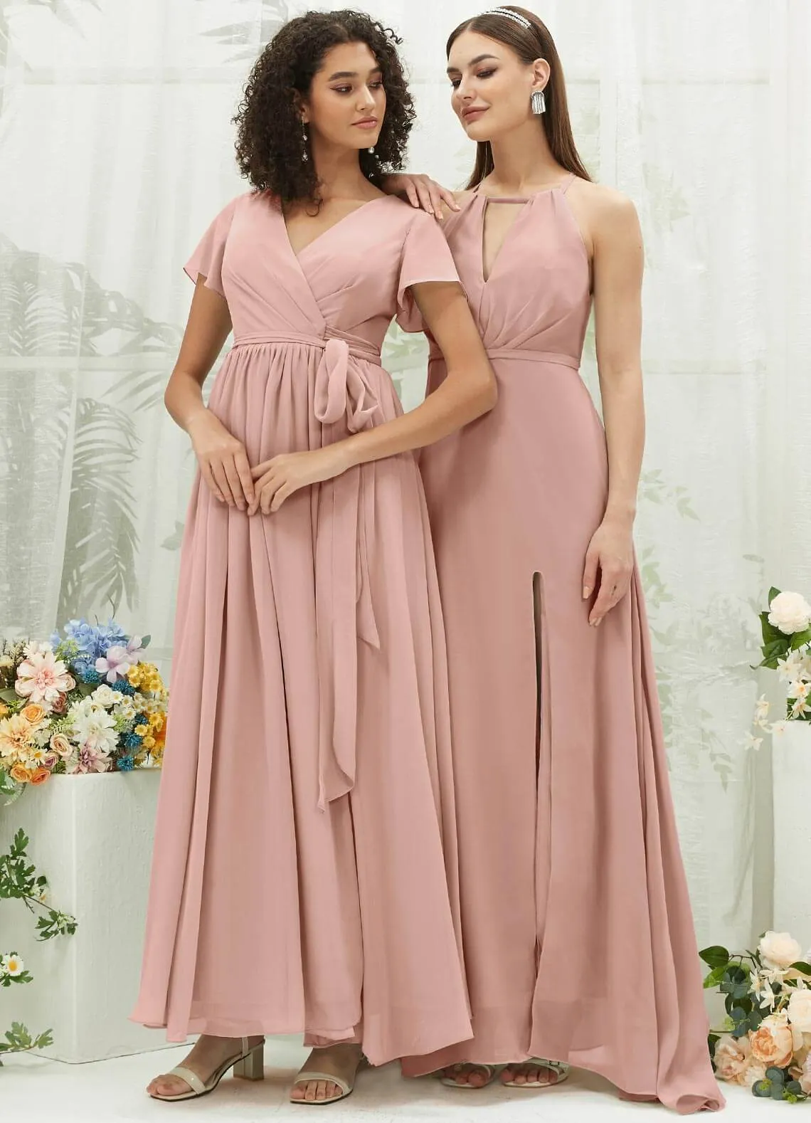 Dusty Pink Chiffon Halter V-Neck Slit  Backless Maxi Bridesmaid Dress