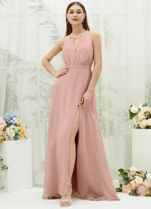 Dusty Pink Chiffon Halter V-Neck Slit  Backless Maxi Bridesmaid Dress