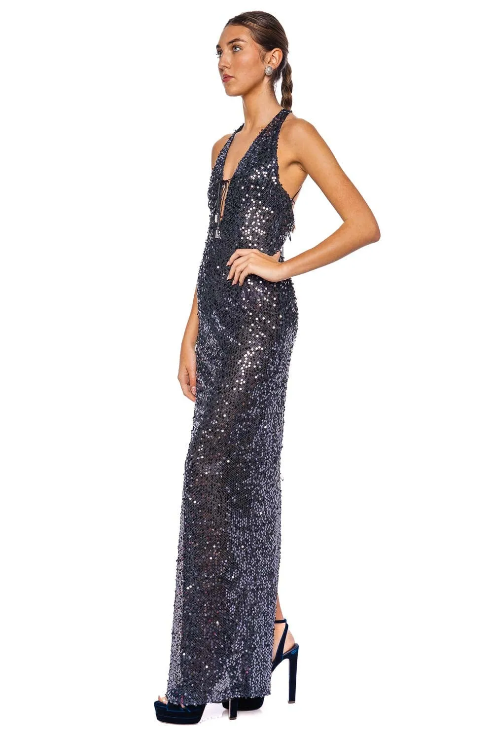 Eima Navy Sequin Halter Gown