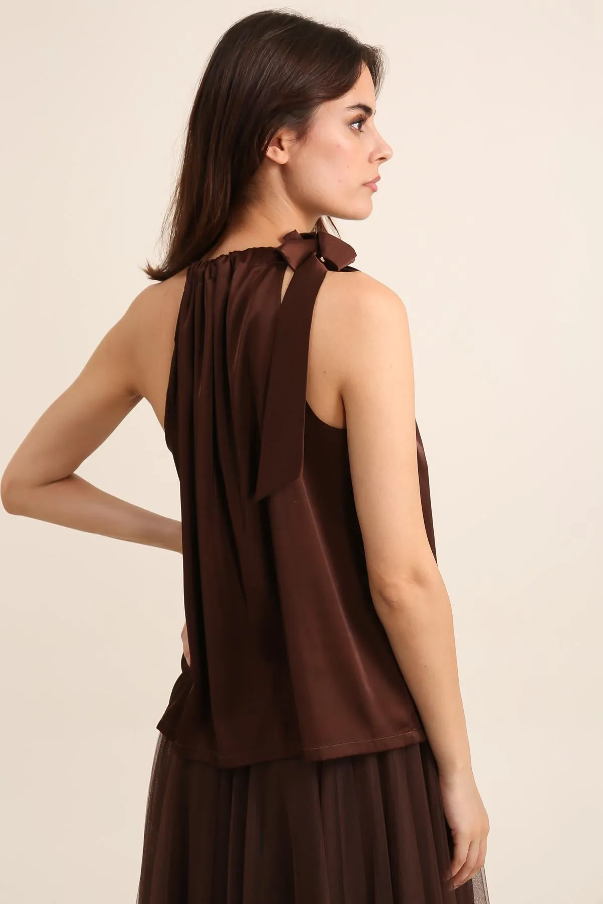 Elisabeth Satin Top- Brown