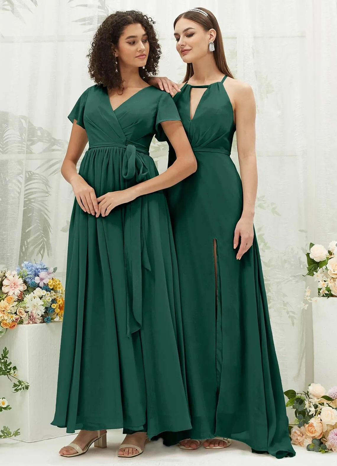 Emerald Green Chiffon Halter V-Neck Slit  Backless Maxi Bridesmaid Dress