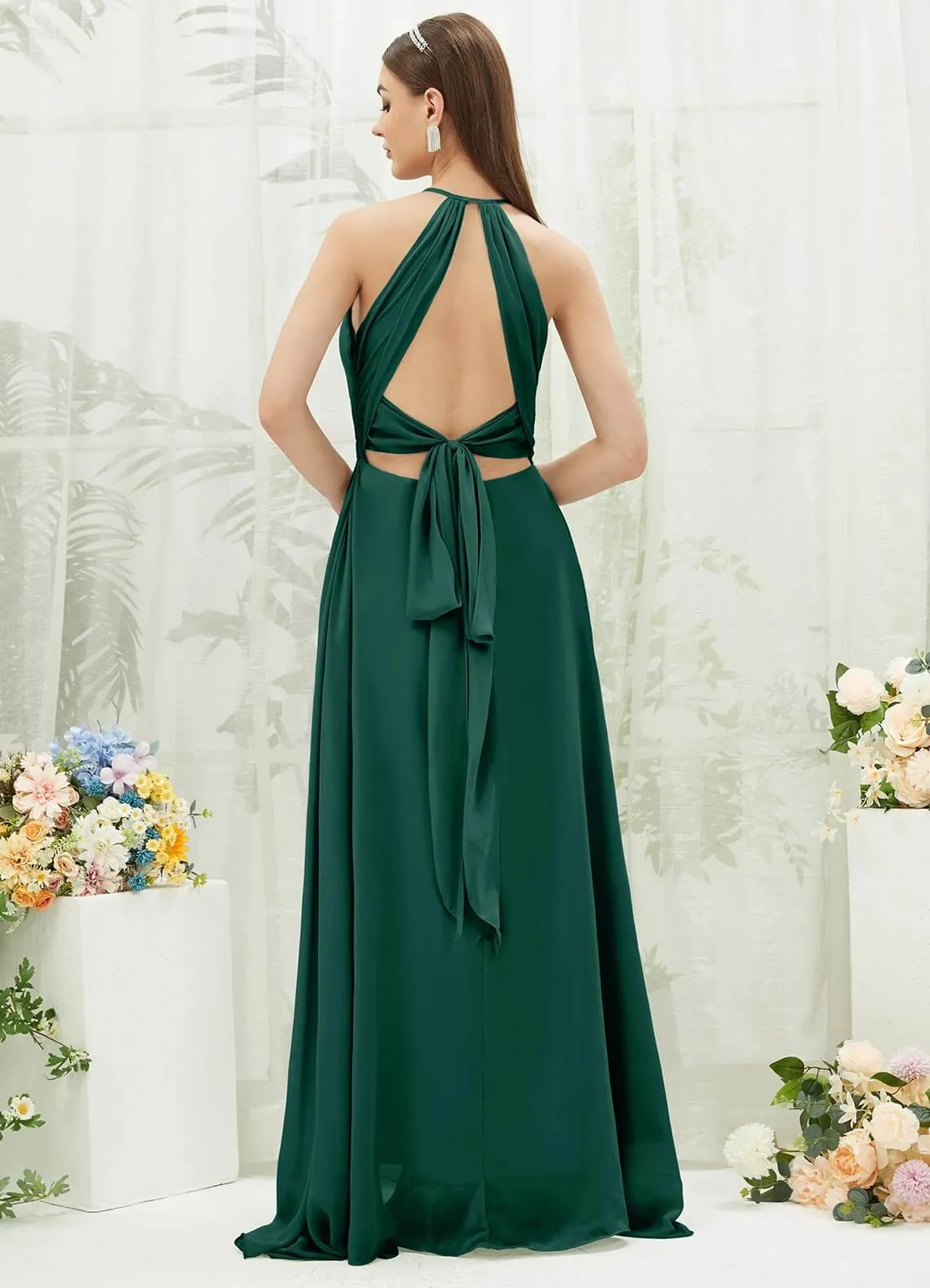Emerald Green Chiffon Halter V-Neck Slit  Backless Maxi Bridesmaid Dress