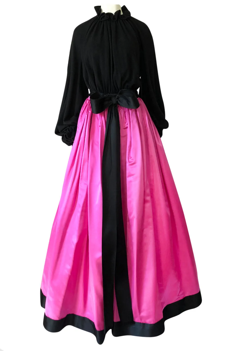 Fall 1977 Bill Blass Couture Full Pink Silk Satin Skirt & Black Top Dress Set