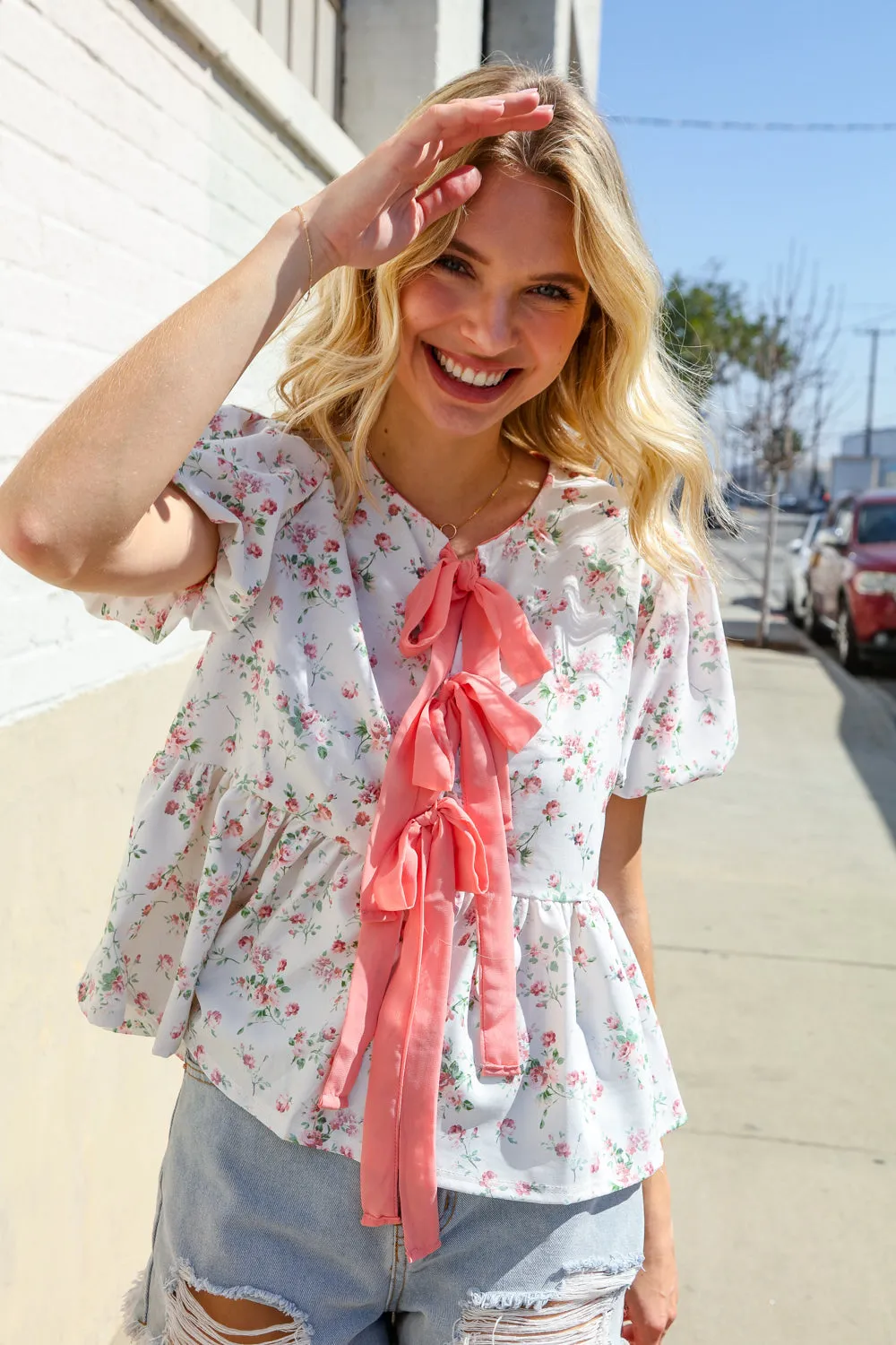 Feeling Femme Ivory Ribbon Bow Tie Folded Puff Sleeve Top