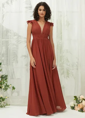 [Final Sale] Cinnamon Rose Cap Sleeves Pleated V-Neck Chiffon Maxi Bridesmaid Dress
