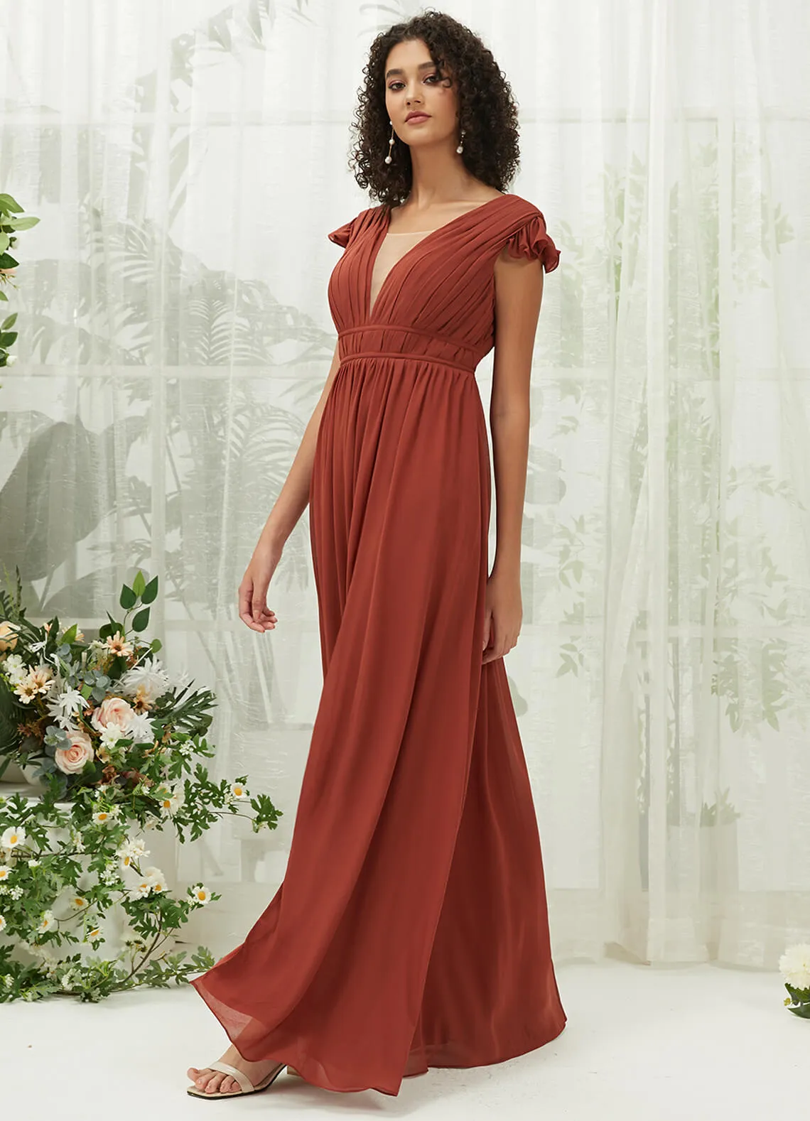 [Final Sale] Cinnamon Rose Cap Sleeves Pleated V-Neck Chiffon Maxi Bridesmaid Dress