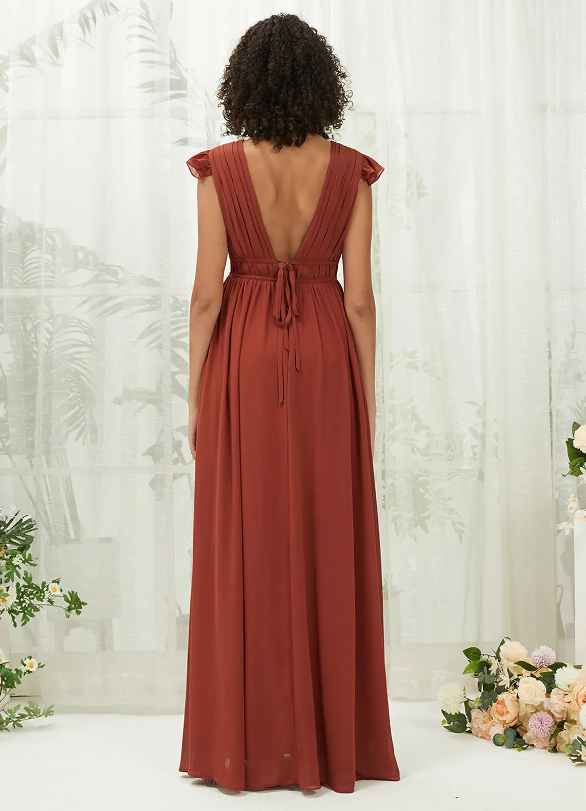 [Final Sale] Cinnamon Rose Cap Sleeves Pleated V-Neck Chiffon Maxi Bridesmaid Dress