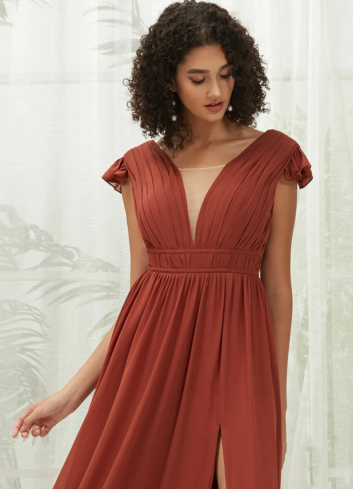 [Final Sale] Cinnamon Rose Cap Sleeves Pleated V-Neck Chiffon Maxi Bridesmaid Dress