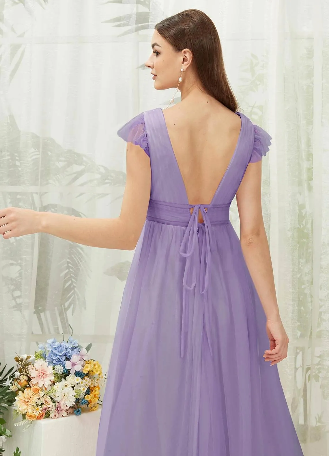 [Final Sale] Dusty Purple Tulle Cap Sleeves Floor Length Flowy Bridesmaid Dresses