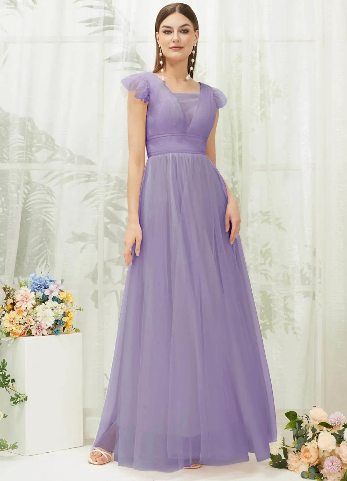 [Final Sale] Dusty Purple Tulle Cap Sleeves Floor Length Flowy Bridesmaid Dresses