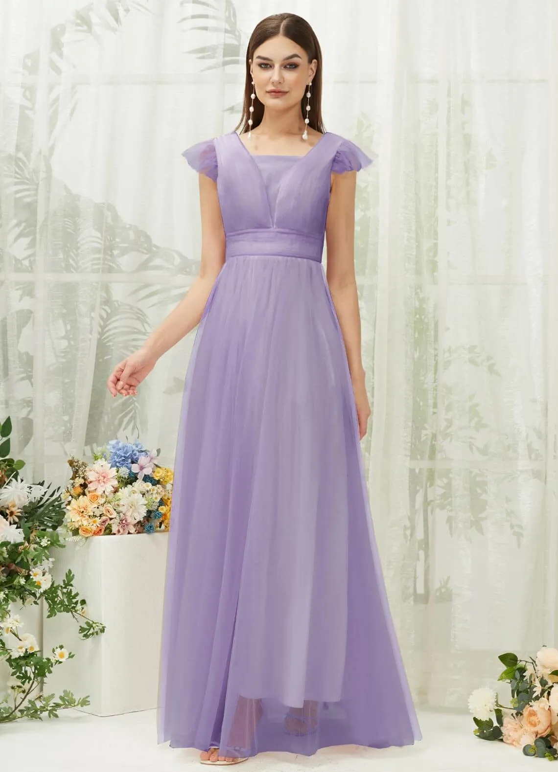 [Final Sale] Dusty Purple Tulle Cap Sleeves Floor Length Flowy Bridesmaid Dresses