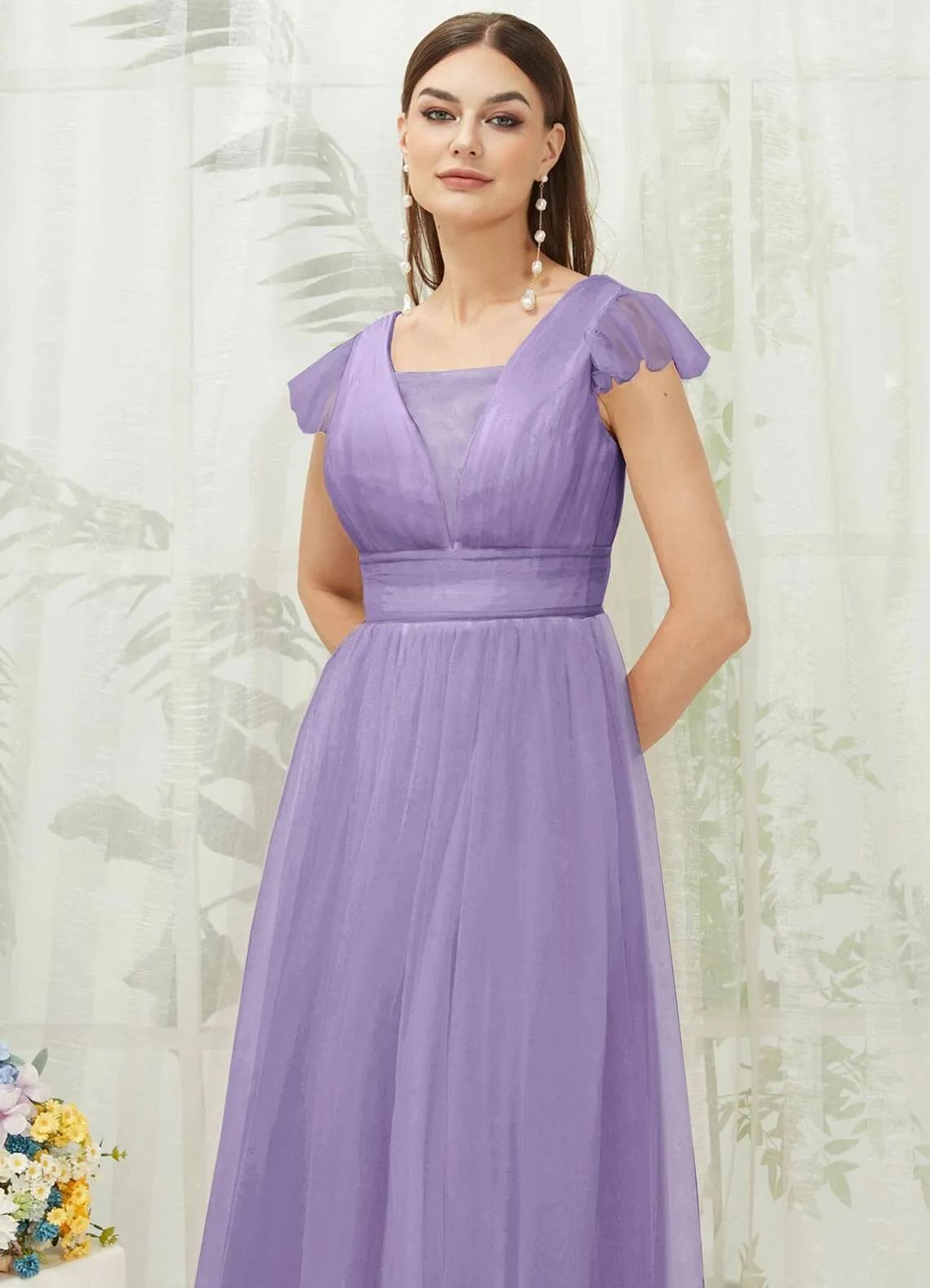 [Final Sale] Dusty Purple Tulle Cap Sleeves Floor Length Flowy Bridesmaid Dresses