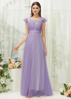 [Final Sale] Dusty Purple Tulle Cap Sleeves Floor Length Flowy Bridesmaid Dresses