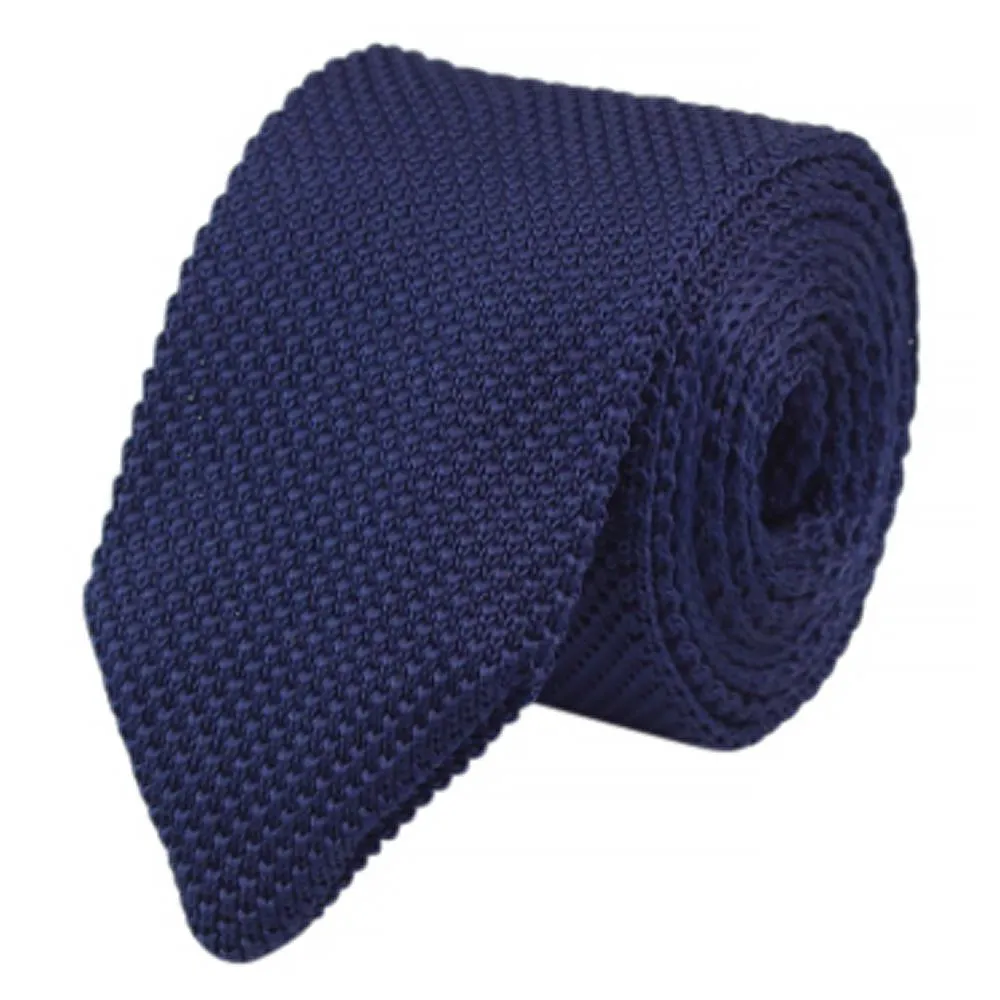 Frankie Navy Waffle Knitted Wool Tie, Cream Pocket Square and Silver Tie Pin Set