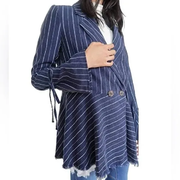 Free People Stella Striped Frayed-Hem Blazer, Navy, Size Small