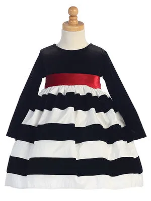 Girls Black Stretch Velvet with Flocked White Taffeta Holiday Dress