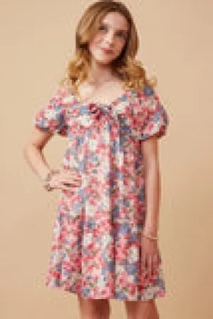 Girls Floral Puff Sleeve Bow Front Dress