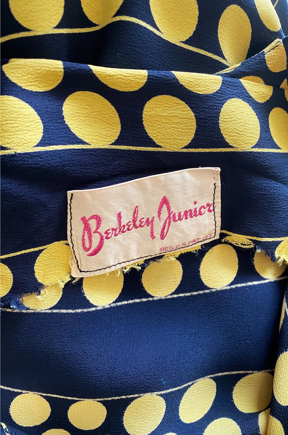 Gorgeous 1940s Yellow Dot & Deep Navy Black Chevron Print Silk Swing Dress