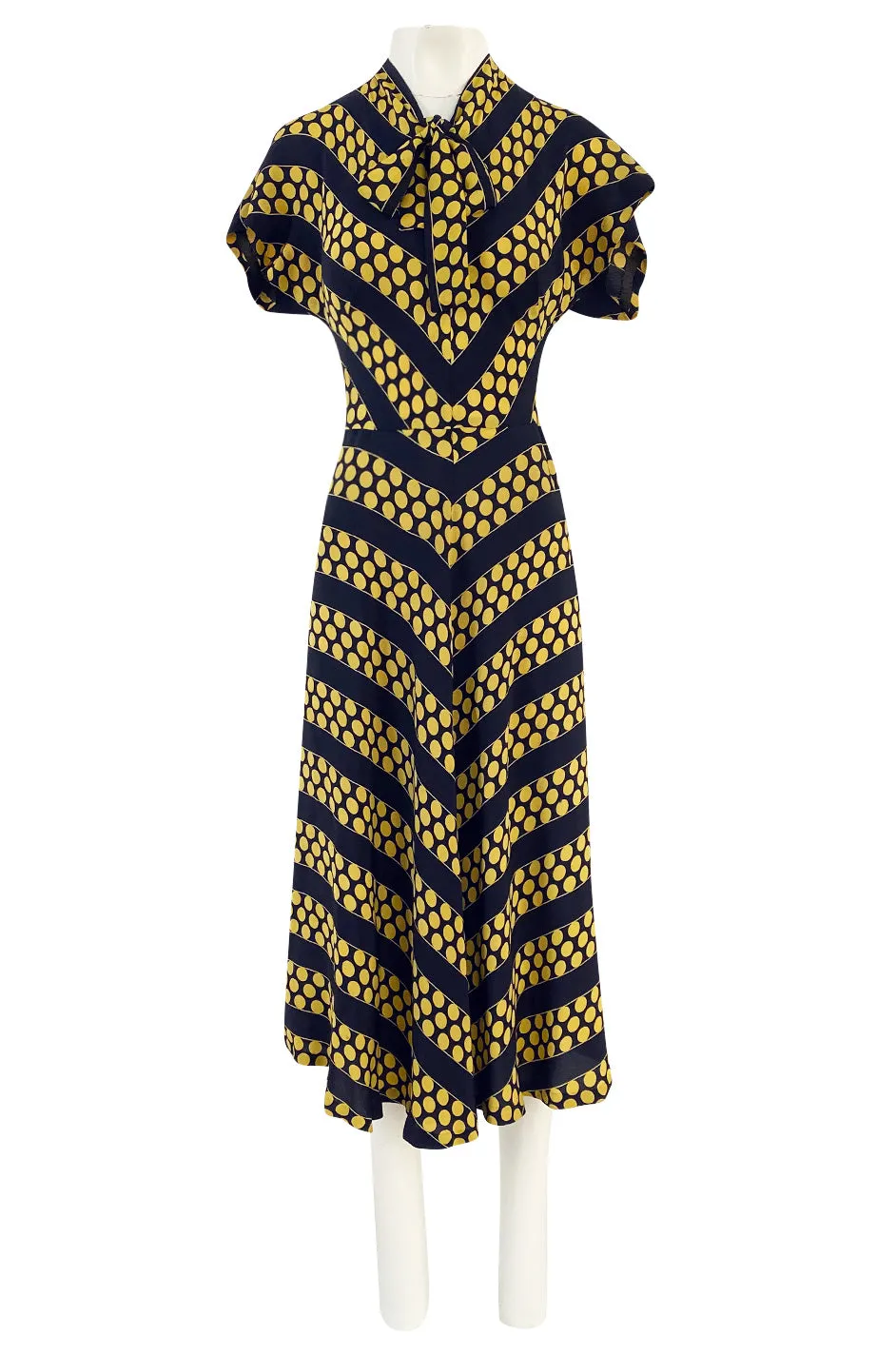 Gorgeous 1940s Yellow Dot & Deep Navy Black Chevron Print Silk Swing Dress