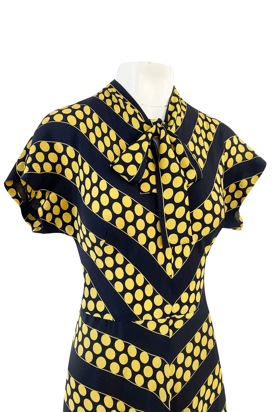 Gorgeous 1940s Yellow Dot & Deep Navy Black Chevron Print Silk Swing Dress