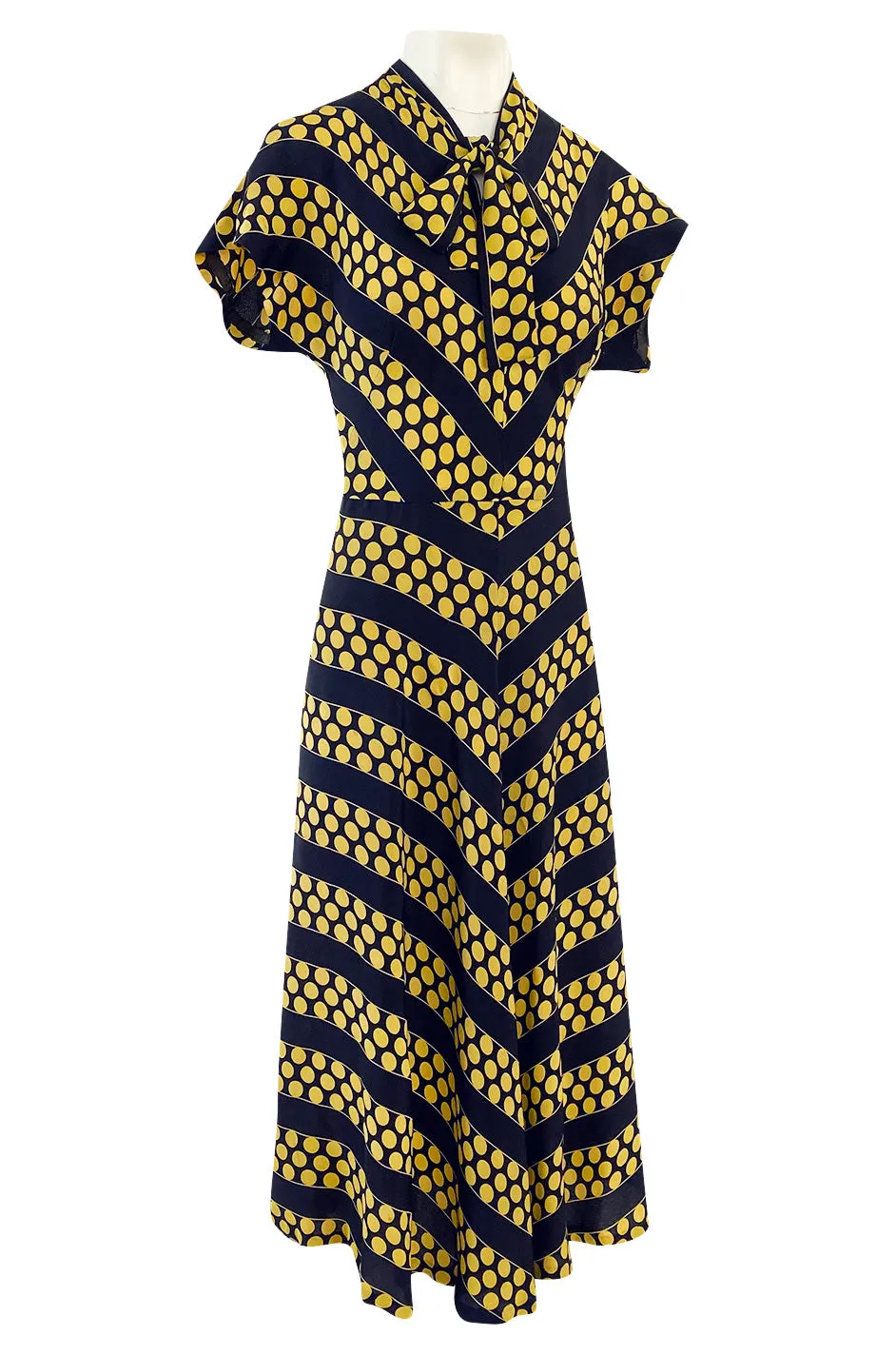 Gorgeous 1940s Yellow Dot & Deep Navy Black Chevron Print Silk Swing Dress
