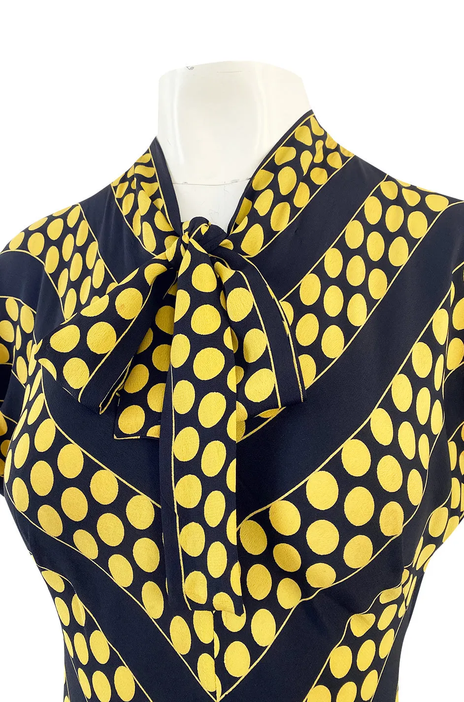 Gorgeous 1940s Yellow Dot & Deep Navy Black Chevron Print Silk Swing Dress