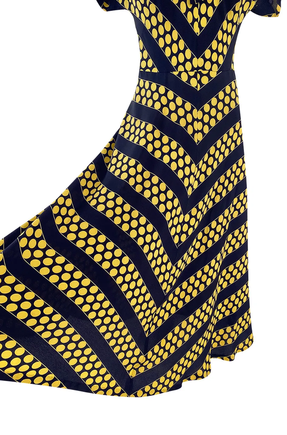 Gorgeous 1940s Yellow Dot & Deep Navy Black Chevron Print Silk Swing Dress
