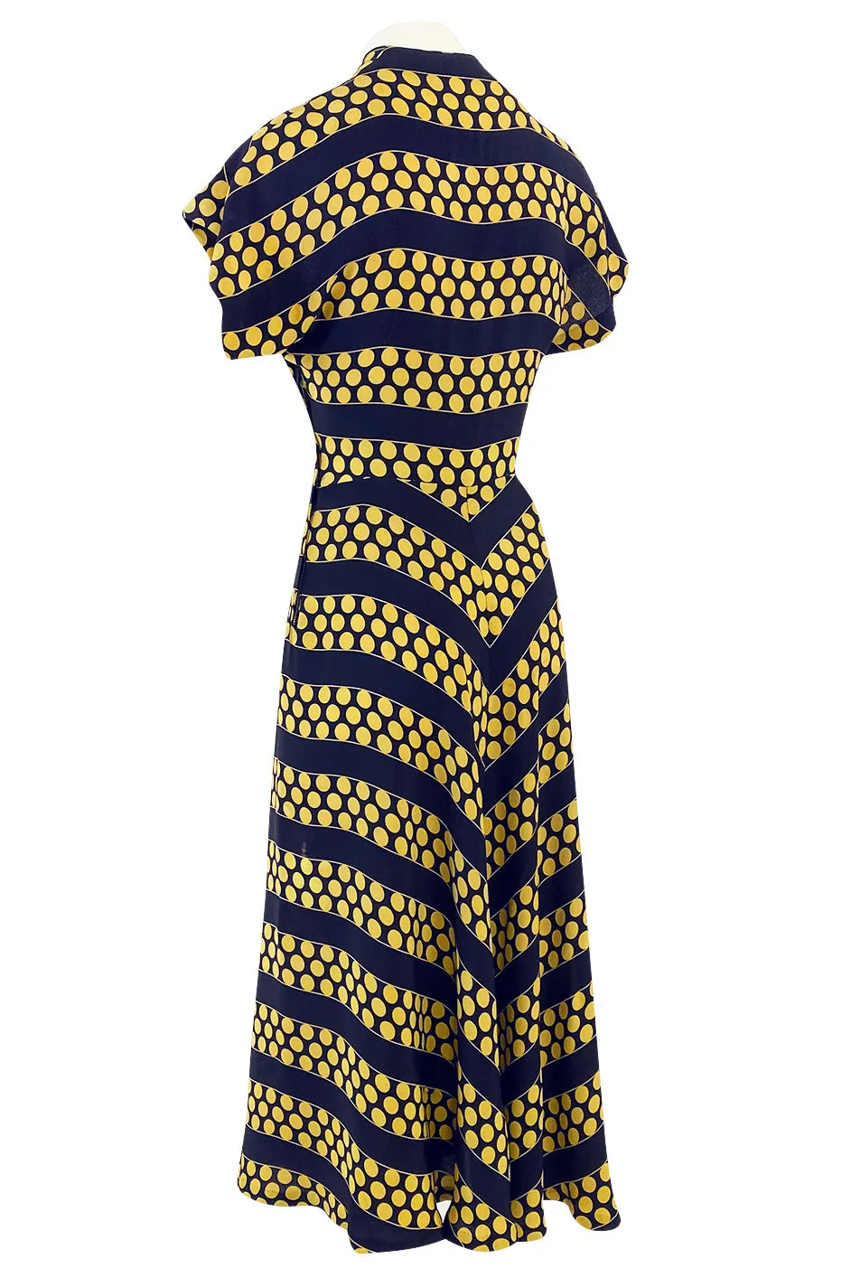 Gorgeous 1940s Yellow Dot & Deep Navy Black Chevron Print Silk Swing Dress