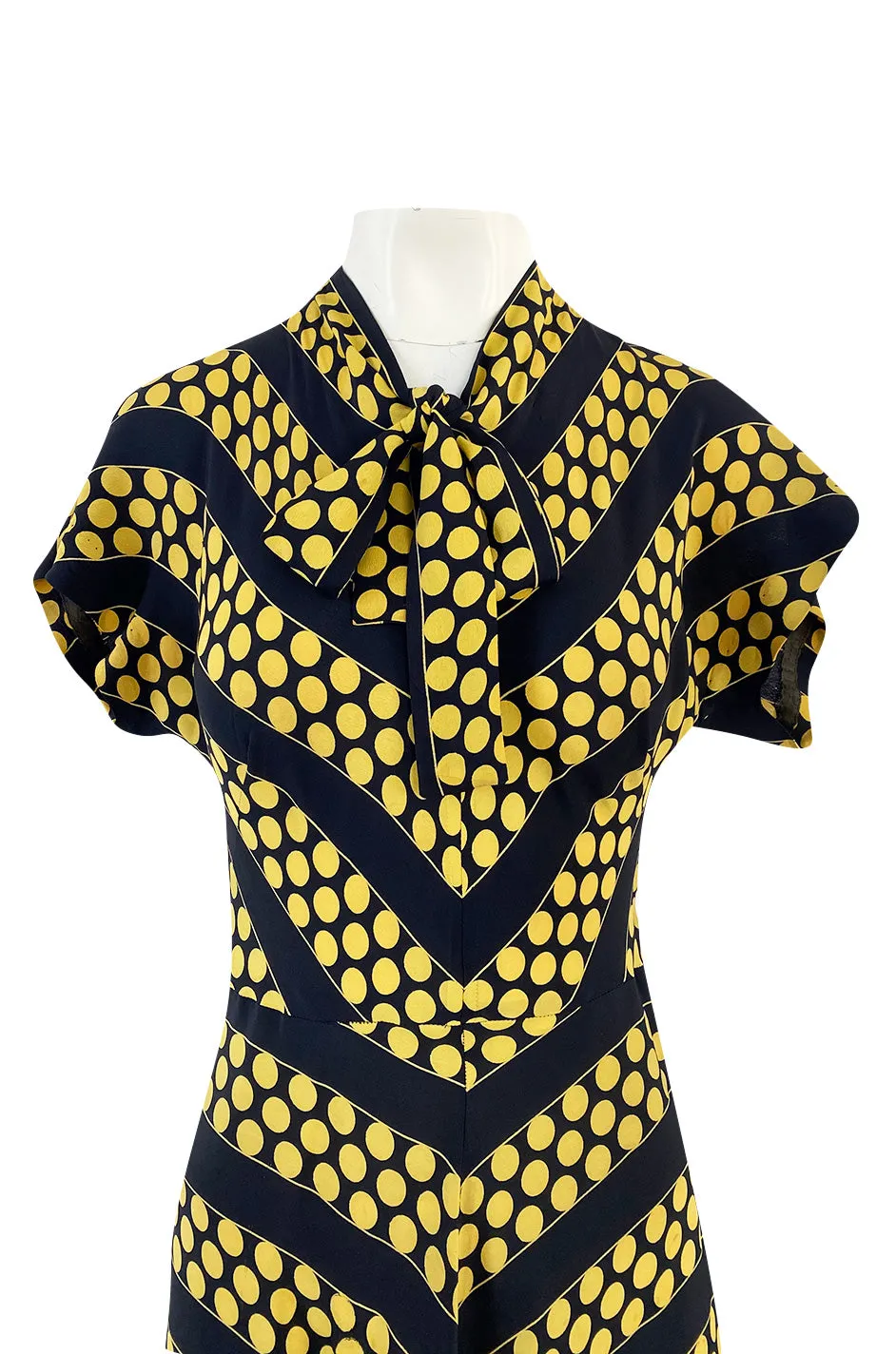 Gorgeous 1940s Yellow Dot & Deep Navy Black Chevron Print Silk Swing Dress