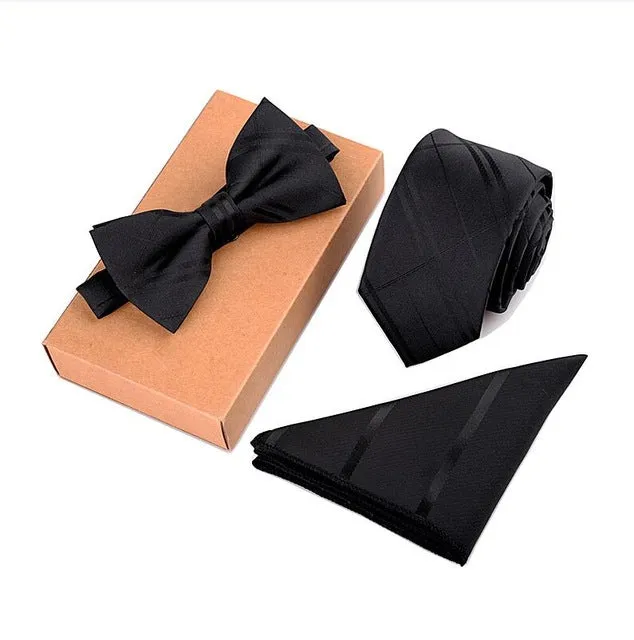 GUSLESON Slim Tie Set Men Bow Tie and Pocket Square Bowtie Necktie Cravate Handkerchief Papillon Man Corbatas Hombre Pajarita