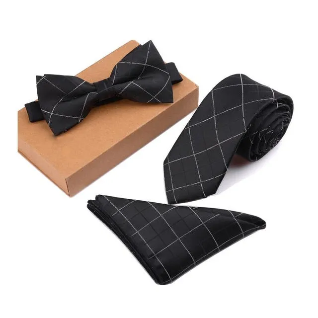 GUSLESON Slim Tie Set Men Bow Tie and Pocket Square Bowtie Necktie Cravate Handkerchief Papillon Man Corbatas Hombre Pajarita