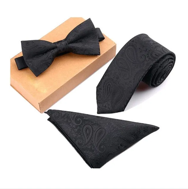 GUSLESON Slim Tie Set Men Bow Tie and Pocket Square Bowtie Necktie Cravate Handkerchief Papillon Man Corbatas Hombre Pajarita