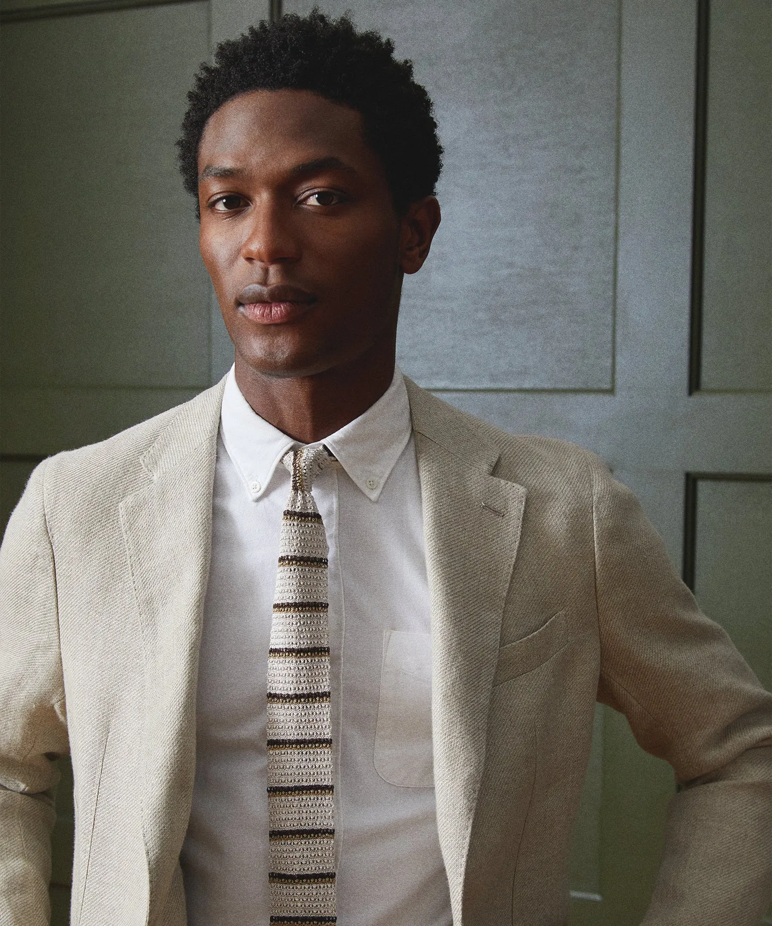 Italian Silk Knit Tie in Cream Stripe