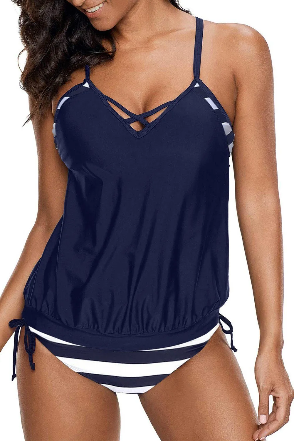 KaleaBoutique Beautiful Crisscross 2 Piece Tankini with Stripes Patchwork