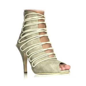 Karla - Denim Fabric Lace Up Latin Dance Booties (Street Sole)