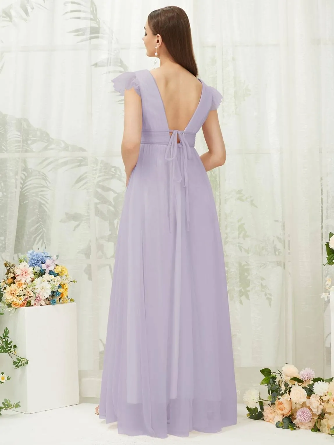 Light Dusty Purple Tulle Cap Sleeves Floor Length Flowy Bridesmaid Dresses