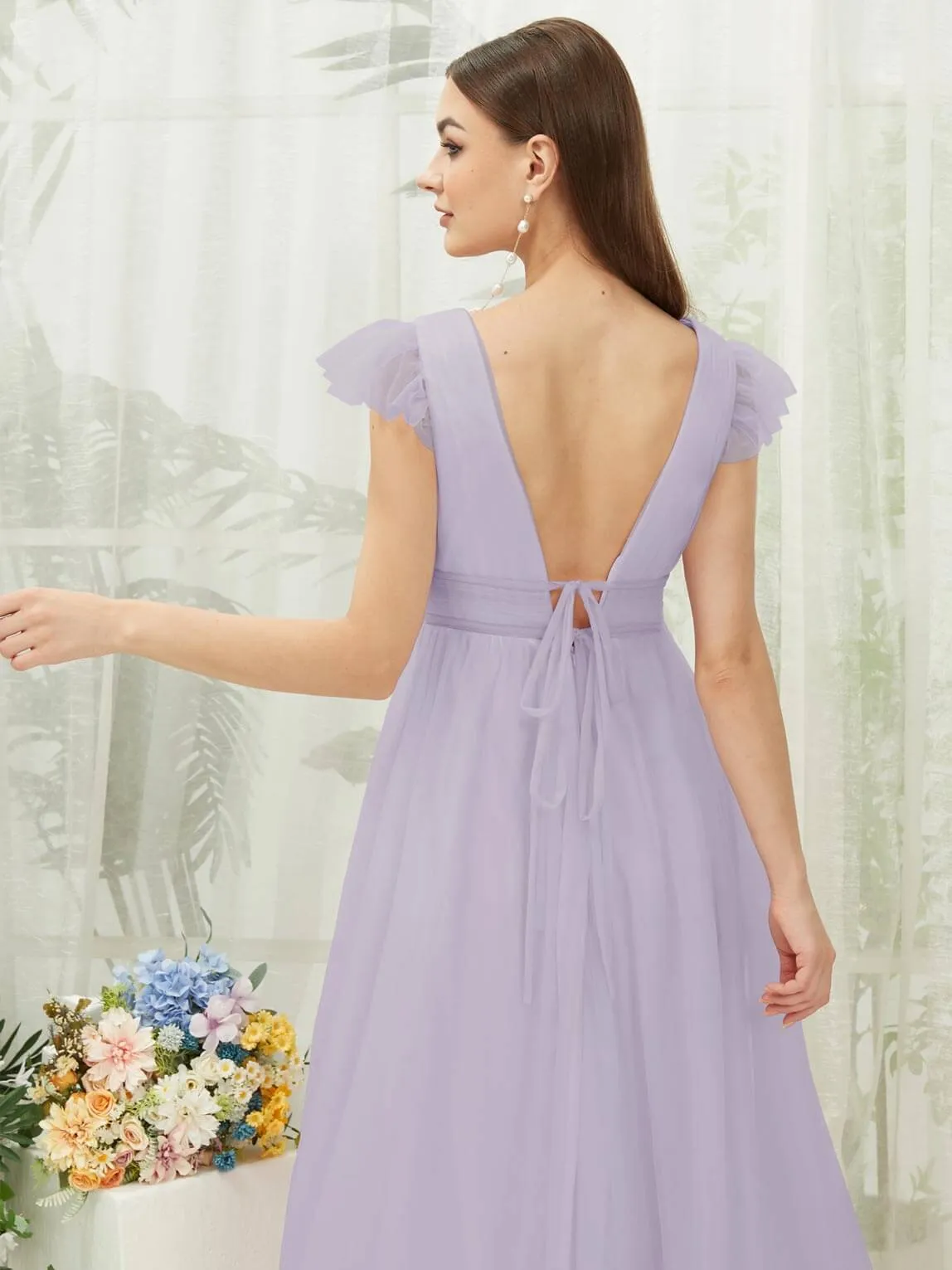 Light Dusty Purple Tulle Cap Sleeves Floor Length Flowy Bridesmaid Dresses