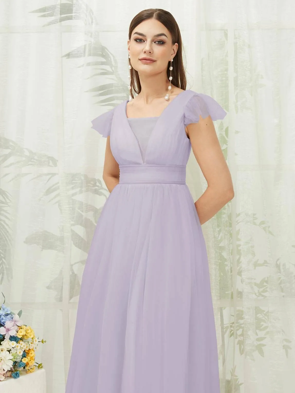 Light Dusty Purple Tulle Cap Sleeves Floor Length Flowy Bridesmaid Dresses
