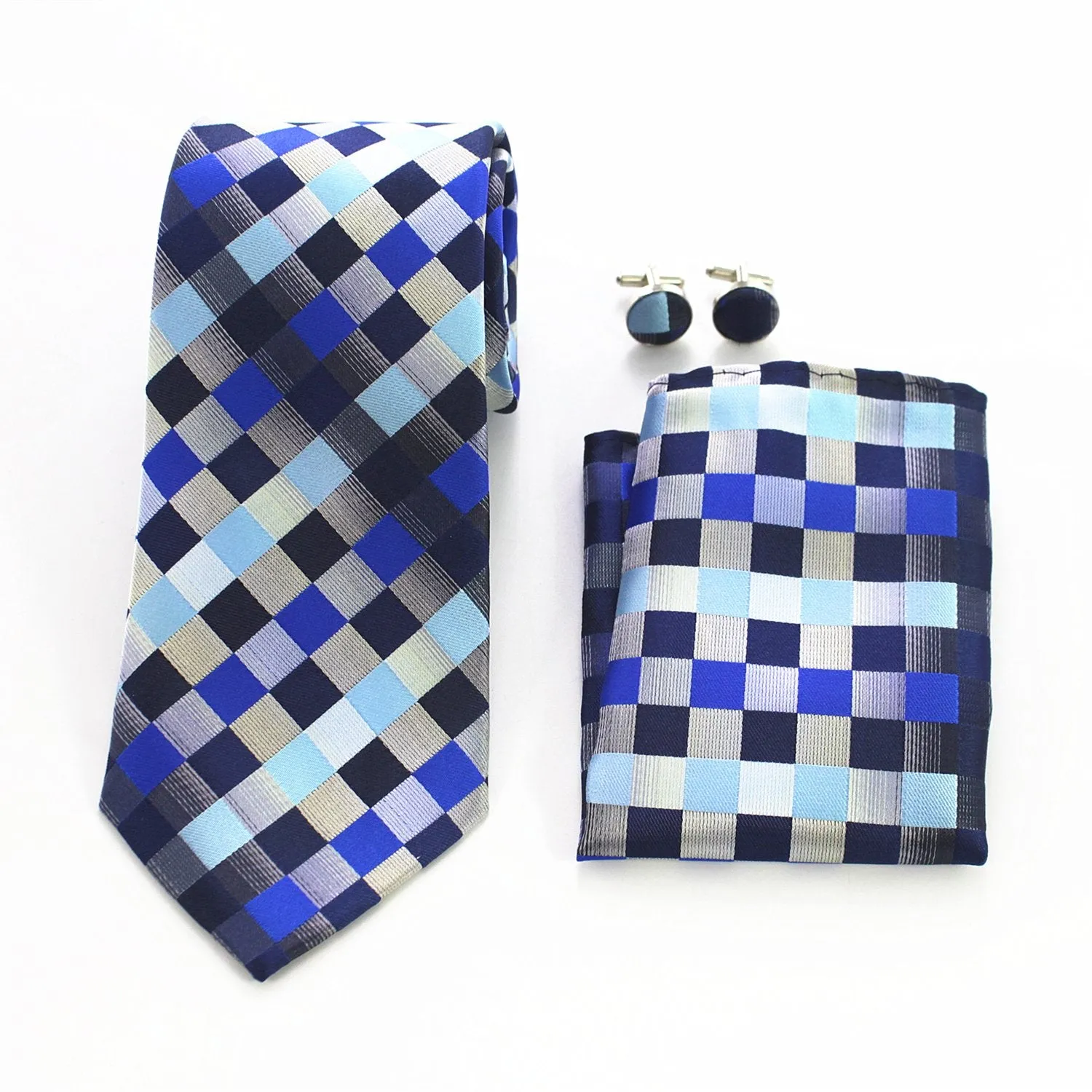 Lines & Checked Multi Color Designer Silk Floral Necktie with Matching Cufflinks & Pocket Square Set for Men