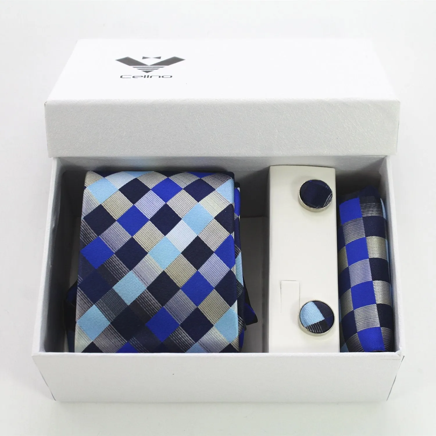 Lines & Checked Multi Color Designer Silk Floral Necktie with Matching Cufflinks & Pocket Square Set for Men