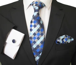 Lines & Checked Multi Color Designer Silk Floral Necktie with Matching Cufflinks & Pocket Square Set for Men