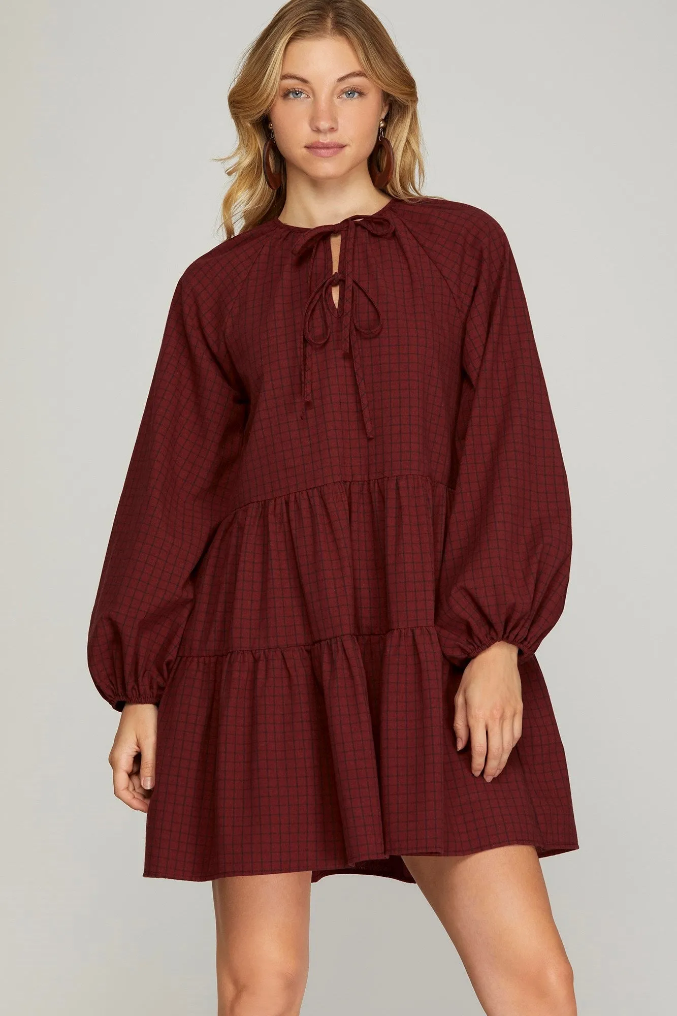 LONG SLEEVE WOVEN PLAID TIE FRONT TIERED DRESS WITH POCKETS