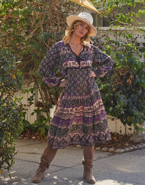 Luna Printed  Long Dress Green/Purple With Lurex