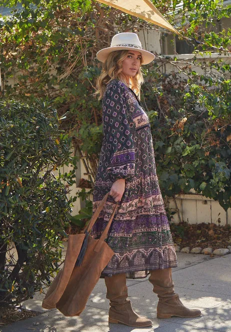 Luna Printed  Long Dress Green/Purple With Lurex