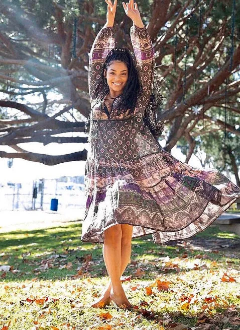 Luna Printed  Long Dress Green/Purple With Lurex