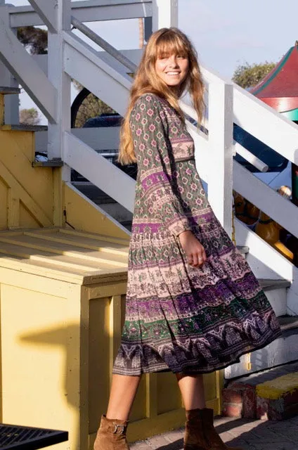 Luna Printed  Long Dress Green/Purple With Lurex