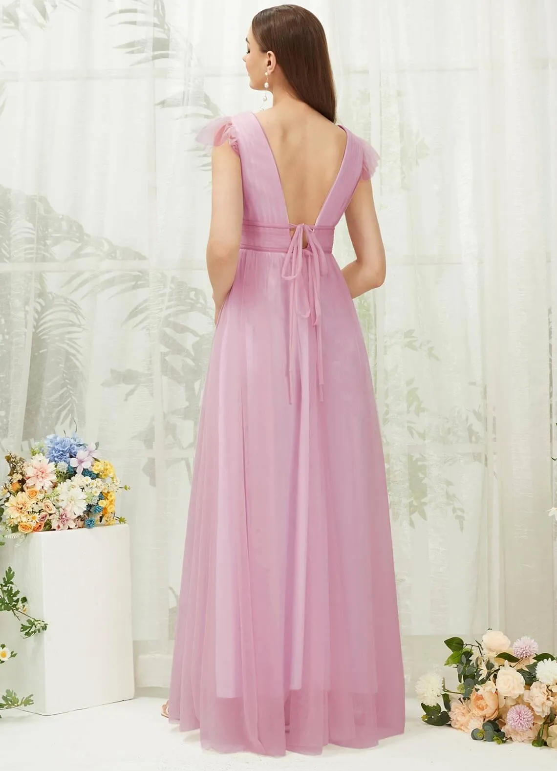 Mauve Tulle Cap Sleeves Floor Length Flowy Bridesmaid Dresses